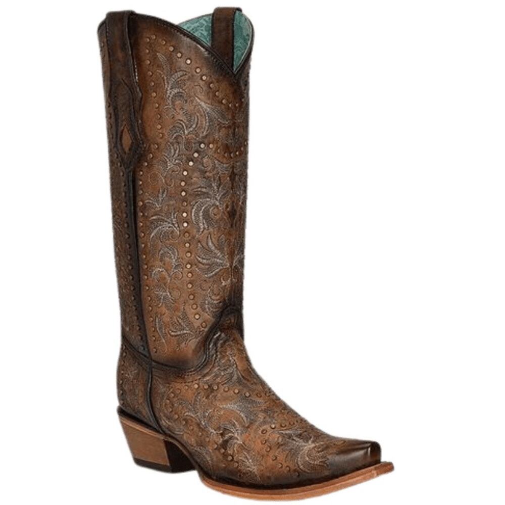 NEW Corral Maple Brown Embroidery Stud Snip‎ Toe Western Boots Size 6M Cowgirl